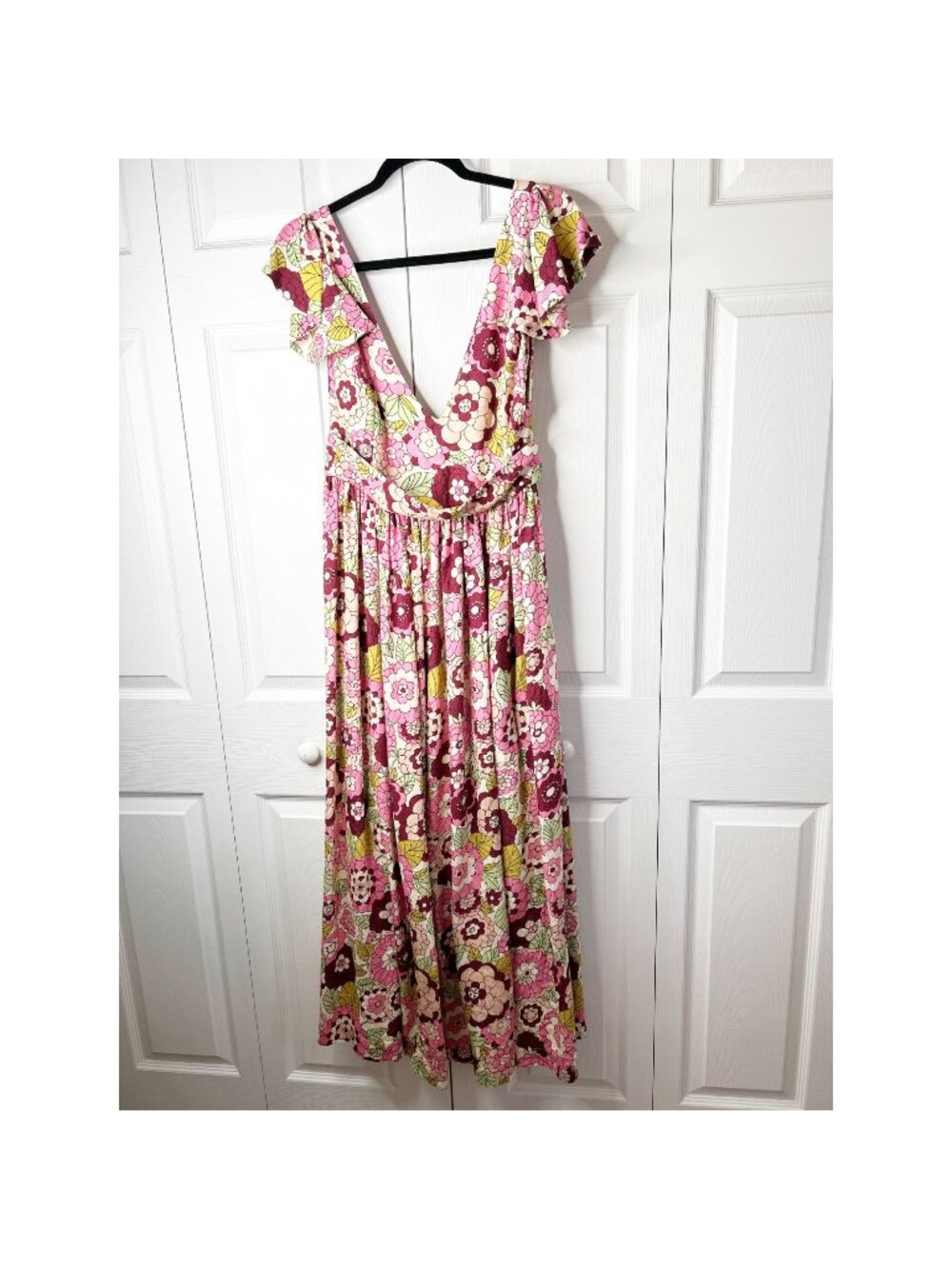 Dodo Bar Or Jenny Pink Floral Print Ruffle V-Neck Maxi Long Dress Women's Large